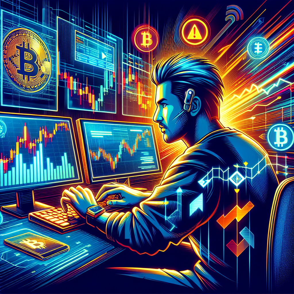 A vivid and dynamic illustration depicting a futuristic trader analyzing cryptocurrency charts, with Bitcoin symbols and risk management visuals, set against a backdrop of vibrant colors and bold graphics that convey high energy and urgency.