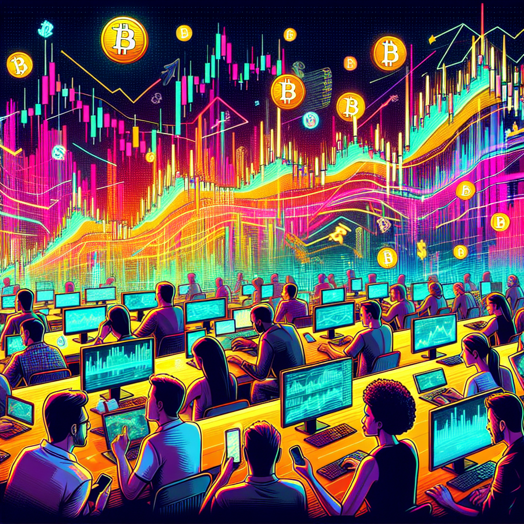 A vibrant illustration showcasing a dynamic trading scene with various cryptocurrency exchanges, representing high-frequency trading for Bitcoin scalping, featuring graphical elements like candlestick charts, speed lines, and Bitcoin symbols.