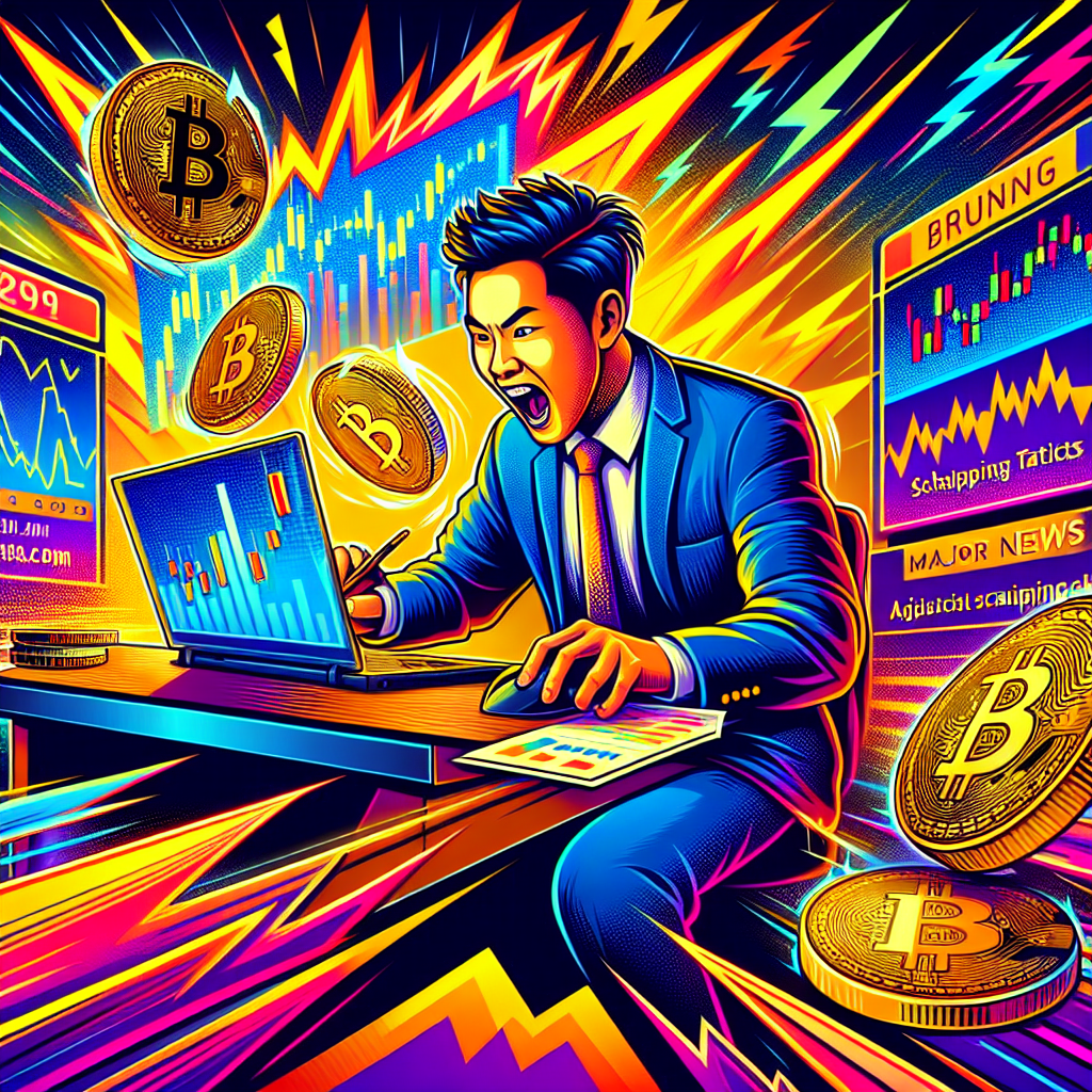 An energetic illustration depicting a trader analyzing news events impacting Bitcoin's price, with graphs, candlestick charts, and symbolic representations of news flashes and Bitcoin coins in a dynamic, colorful style.