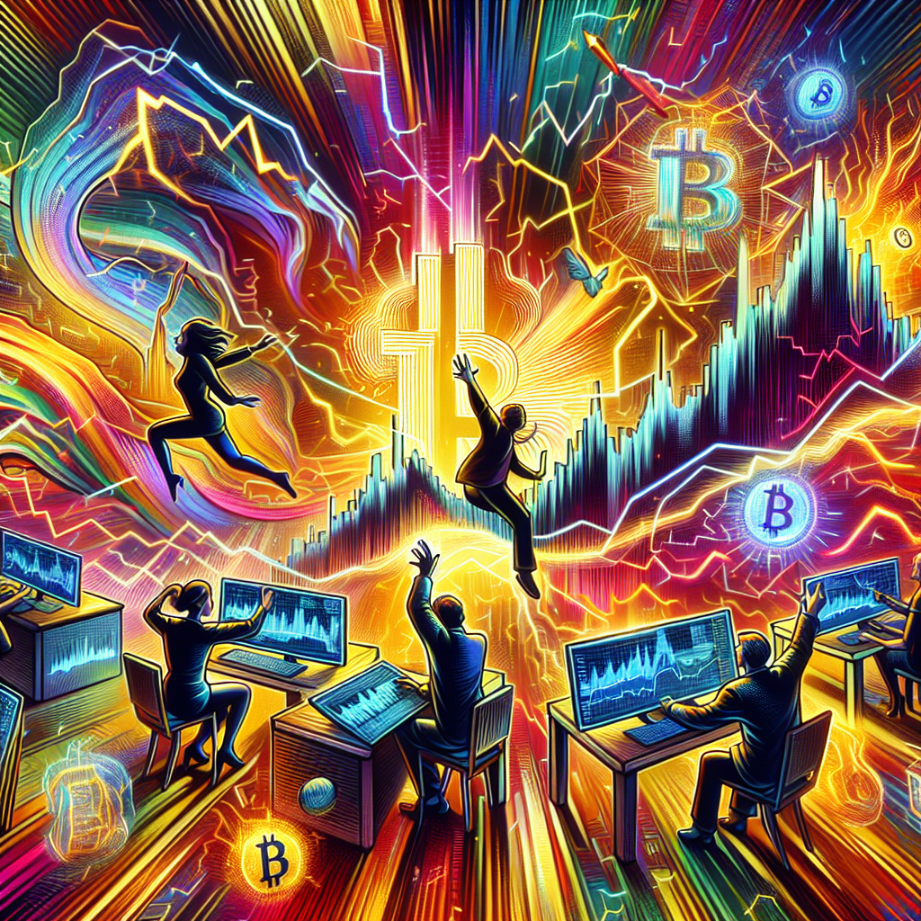 A dynamic and vibrant illustration depicting a dramatic Bitcoin price chart with sharp upward and downward spikes, surrounded by energetic traders analyzing data on screens. The scene is filled with visual elements representing volatility, such as electrical sparks and fluctuating lines, conveying a sense of urgency and excitement in trading.