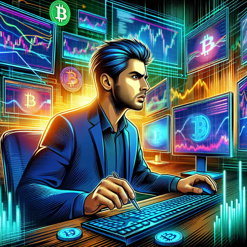 An energetic scene of a trader analyzing cryptocurrency news on multiple screens, surrounded by dynamic charts and Bitcoin symbols, emphasizing quick decision-making strategies in trading.