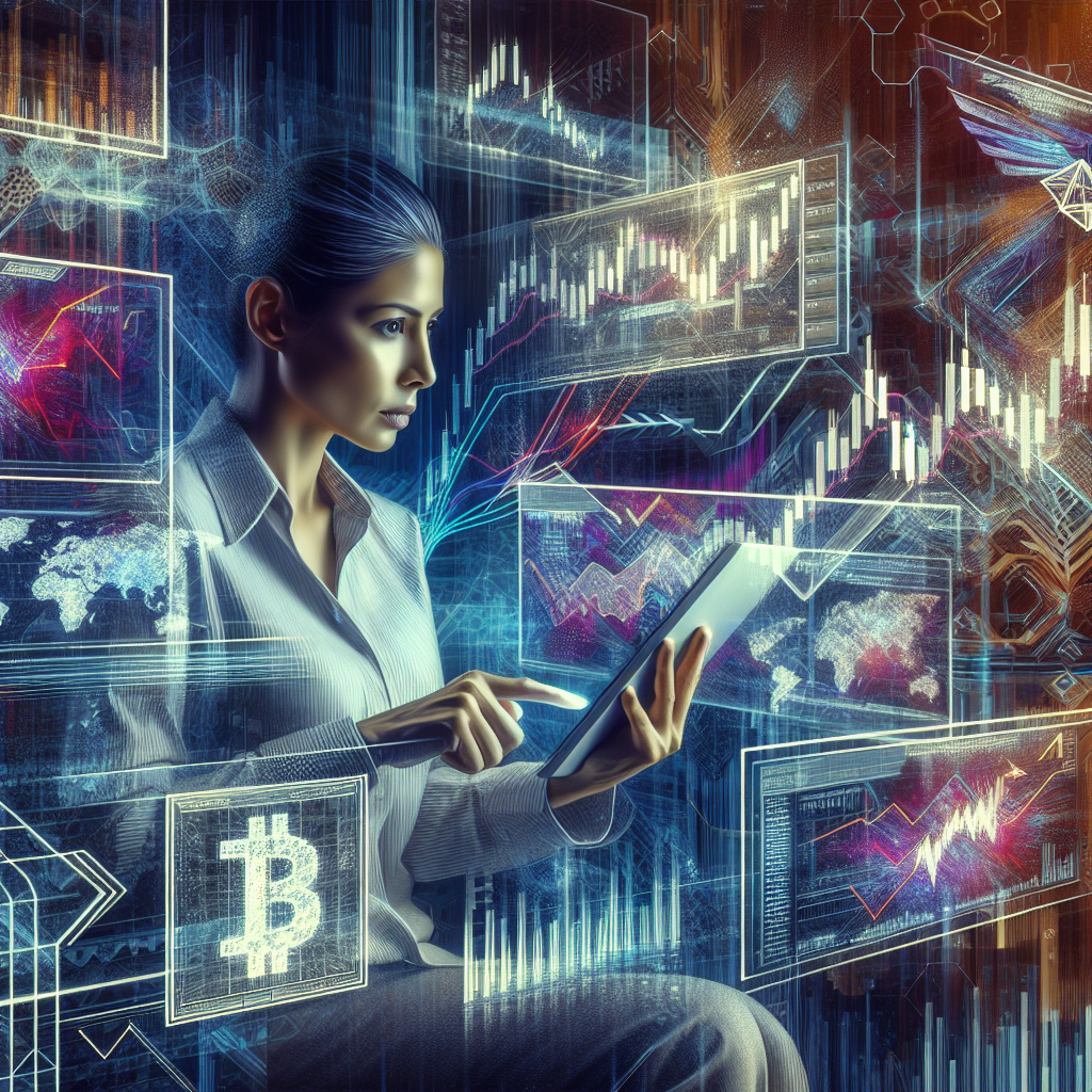 A dynamic illustration showcasing a trader analyzing Bitcoin price charts on multiple screens in an energetic trading environment, filled with charts, graphs, and vibrant colors.