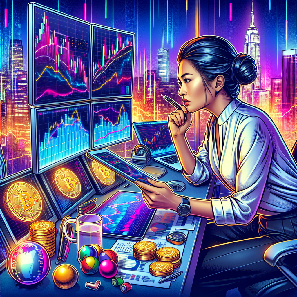 A dynamic illustration depicting a trader analyzing Bitcoin price trends on multiple screens, with vivid candlestick charts and a backdrop of soaring city skyscrapers.
