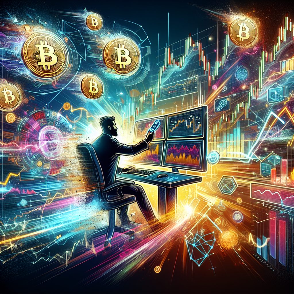An energetic and dynamic illustration representing Bitcoin scalping with various technical indicators, featuring vibrant colors and a futuristic trading environment.
