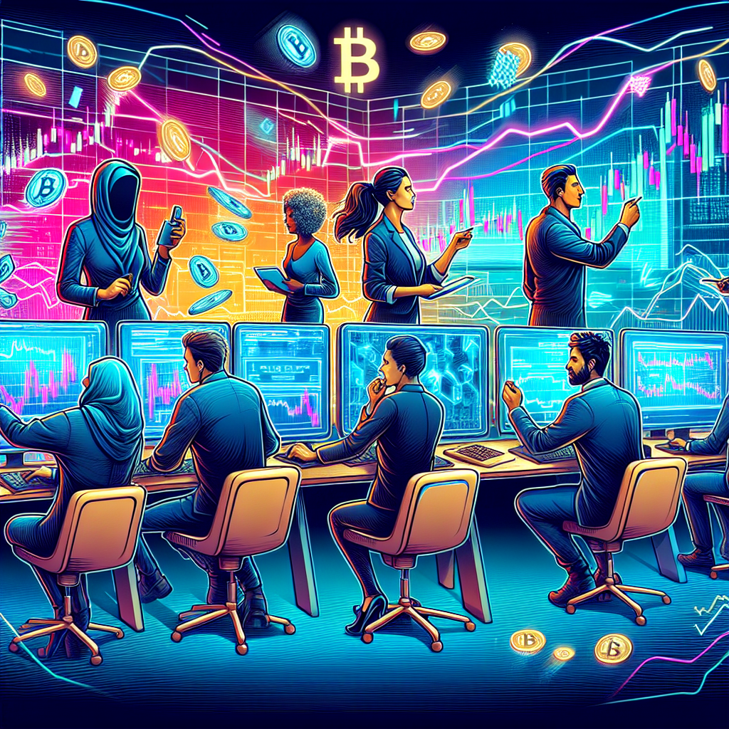 A vibrant illustration of a diverse group of cryptocurrency traders intensely focused on their screens, surrounded by dynamic charts and symbols of Bitcoin. The scene is filled with neon colors and energetic lines, representing the fast-paced nature of Bitcoin scalping and risk management strategies.