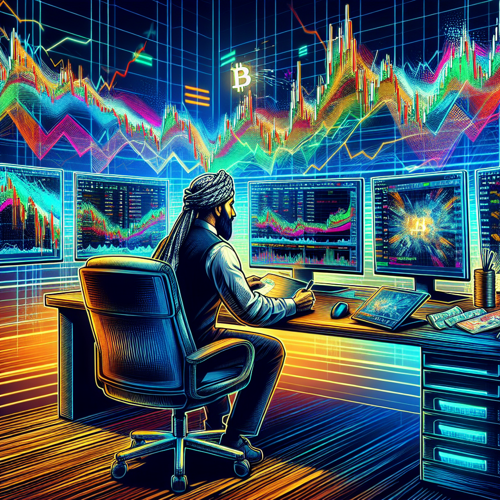 A dynamic illustration depicting a trader working at multiple screens, analyzing Bitcoin trends with graph lines and candlestick patterns, surrounded by vibrant colors and energy, illustrating the excitement of scalping in cryptocurrency trading.