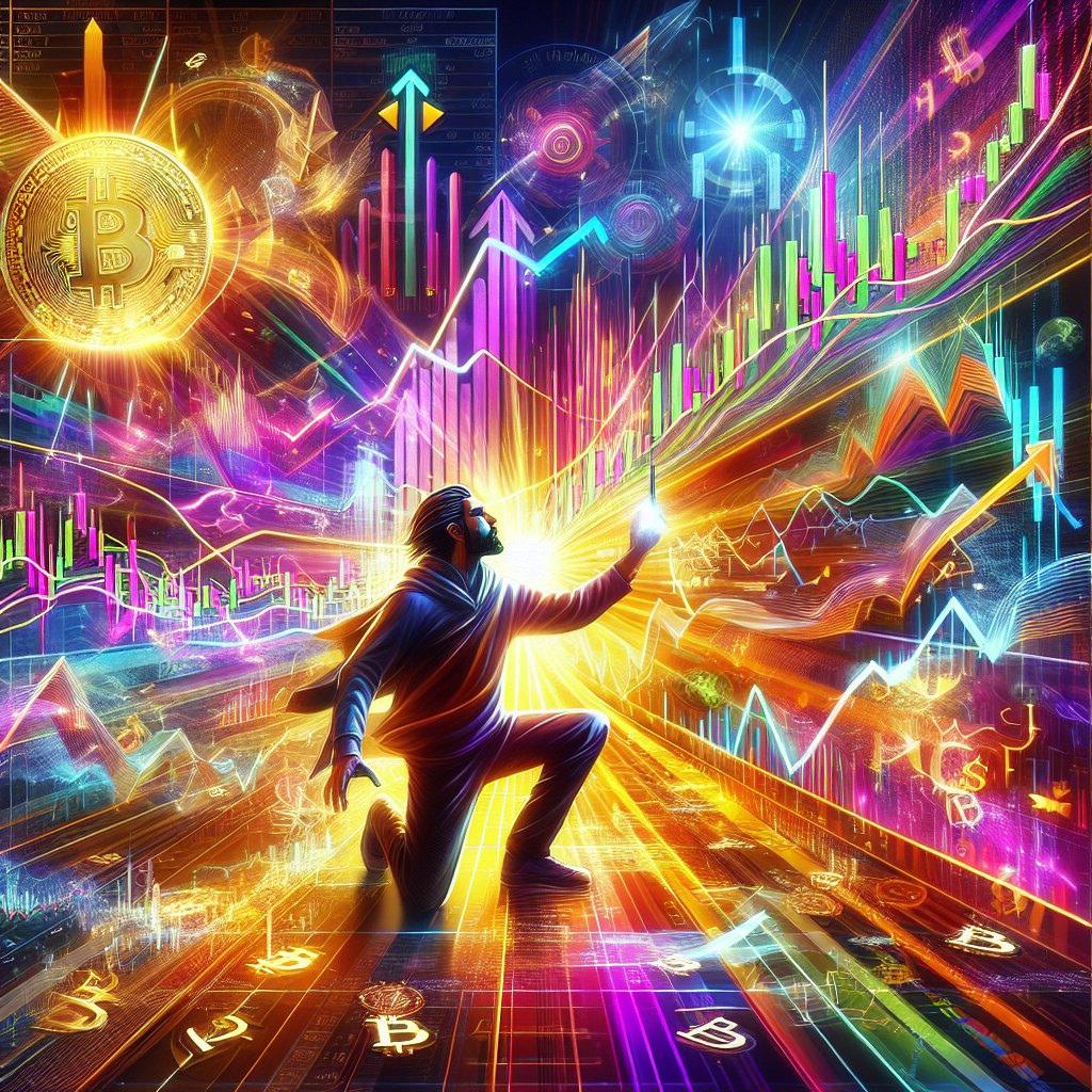 An energetic and colorful illustration depicting a trader analyzing Bitcoin charts with various technical indicators in a vibrant, high-energy atmosphere.