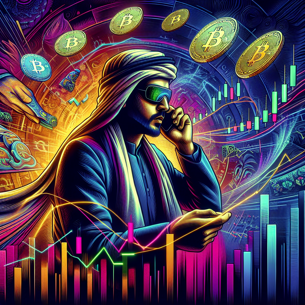 A vibrant, high-energy illustration featuring a trader surrounded by complex technical indicators, candlestick charts, and Bitcoin symbols, all bursting with color and dynamic movement.