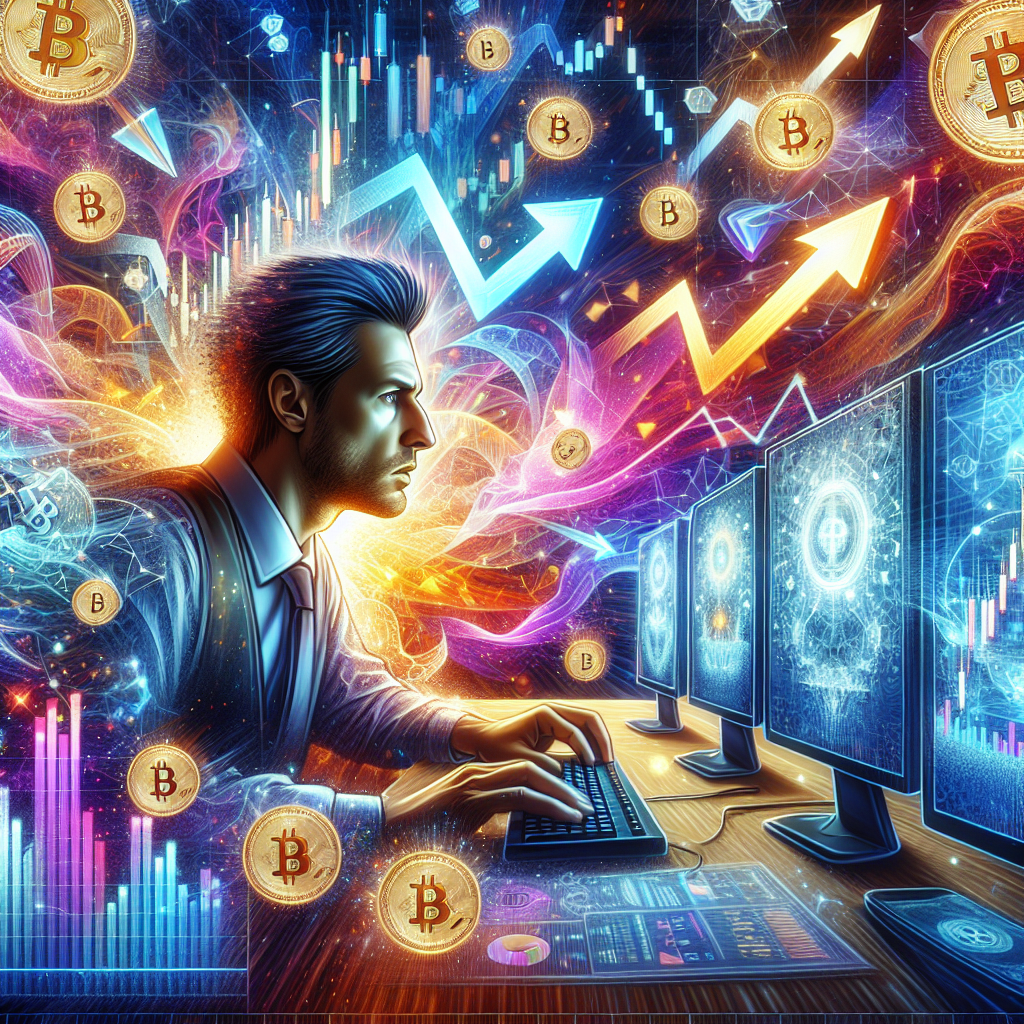 A vibrant and dynamic illustration depicting a trader analyzing Bitcoin price charts on multiple screens, surrounded by symbols of money, bullish and bearish trends, and digital currency icons, all with a high-energy, bold artistic style.