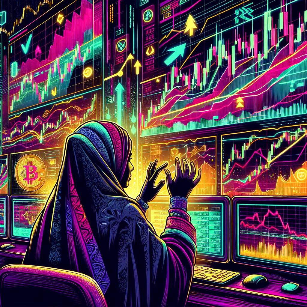 A dynamic illustration depicting a trader using technical indicators to analyze Bitcoin price charts, surrounded by vibrant graphical elements representing profit and market trends.