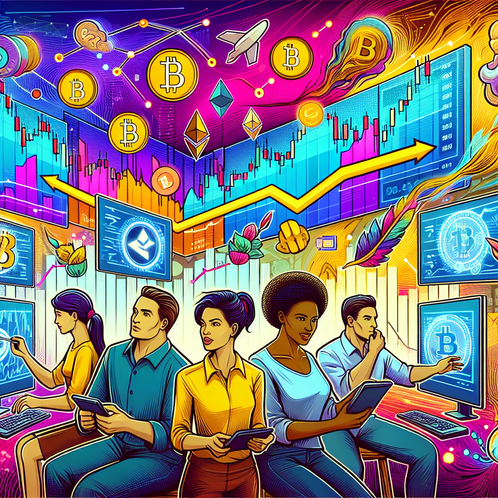 A vibrant illustration depicting a diverse group of crypto scalpers engaged in dynamic trading activities, surrounded by digital charts, cryptocurrency symbols, and protective shields, symbolizing risk management techniques amidst a backdrop of fluctuating market conditions.