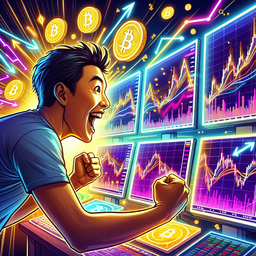 A dynamic illustration of a person analyzing Bitcoin price trends on multiple screens, with candlestick charts and vibrant graphics symbolizing quick profits, surrounded by digital currency symbols and upbeat energy elements.