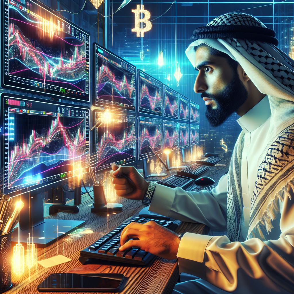 A vibrant and dynamic illustration showcasing a person setting up their trading platform with multiple monitors displaying Bitcoin charts and graphs, surrounded by trading tools and a futuristic setting.