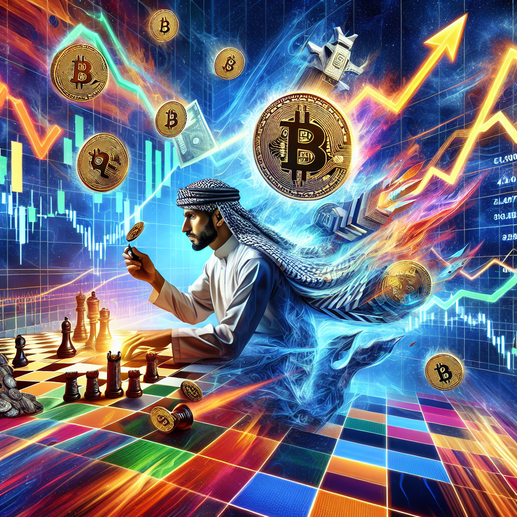 A dynamic illustration showcasing a digital trader skillfully navigating the cryptocurrency market, surrounded by candlestick charts and fluctuating Bitcoin symbols, with vibrant colors representing volatility and strategic movements.