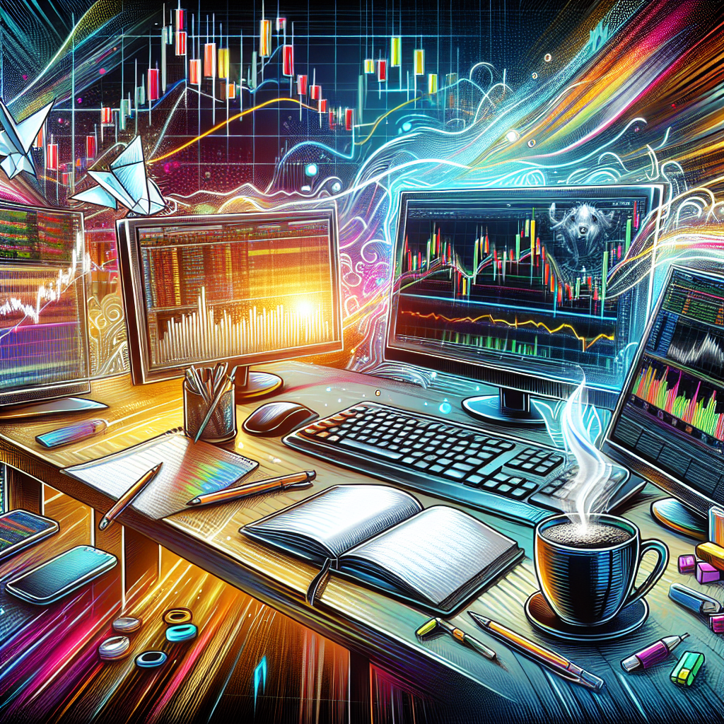An energetic and colorful illustration of a scalping trading workspace, showcasing various tools like multiple monitors, a trading keyboard, charts, and a coffee cup, all designed in a bold and high-energy style.