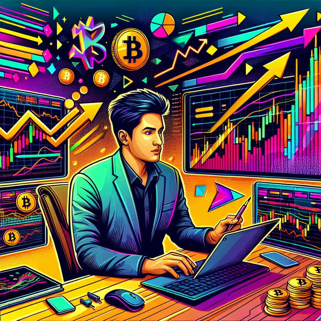 A vibrant and energetic illustration depicting a short-term trader analyzing Bitcoin price trends on various digital screens, surrounded by dynamic charts, arrows, and graphs.