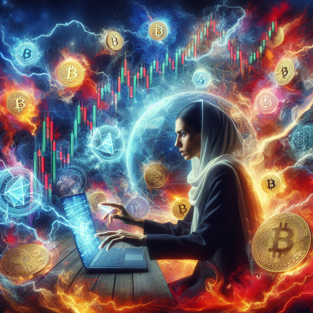 A dynamic illustration depicting a trader analyzing Bitcoin market trends, surrounded by vibrant candlestick charts, lightning bolts representing volatility, and futuristic symbols of digital currency, all in a bold, high-energy art style.