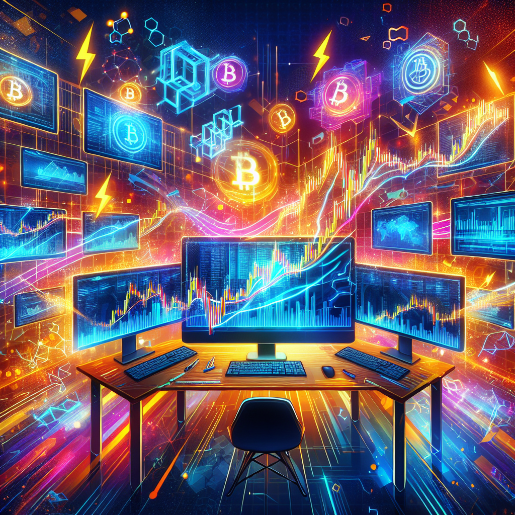 A vibrant illustration depicting a high-frequency trading workspace focused on Bitcoin scalping, featuring multiple screens displaying fluctuating Bitcoin prices, trading charts, and bullish market trends. The atmosphere is energetic with bright colors, showcasing tools like algorithms, lightning bolts symbolizing speed, and digital currencies.