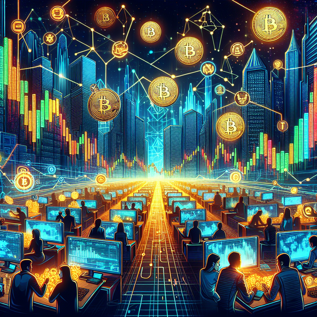 A dynamic illustration showcasing a futuristic cityscape with elements symbolizing Bitcoin scalping, including vibrant charts, digital wallets, and energetic traders engaged in high-speed transactions against a backdrop of blockchain motifs and neon colors.