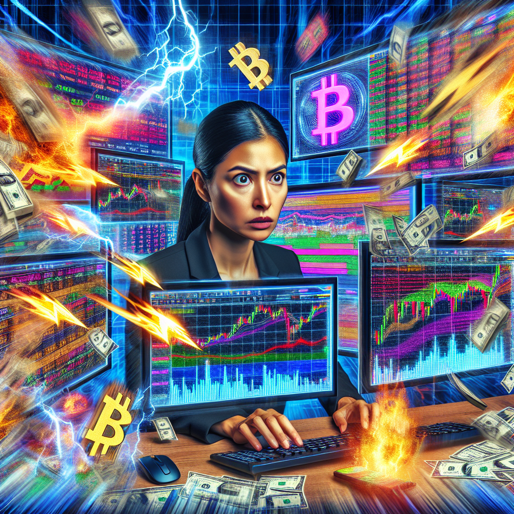 A dynamic illustration showing a cryptocurrency trading desk filled with charts and news headlines, depicting a person analyzing Bitcoin price movements influenced by breaking news, surrounded by visual elements of volatility like lightning bolts and candlesticks.