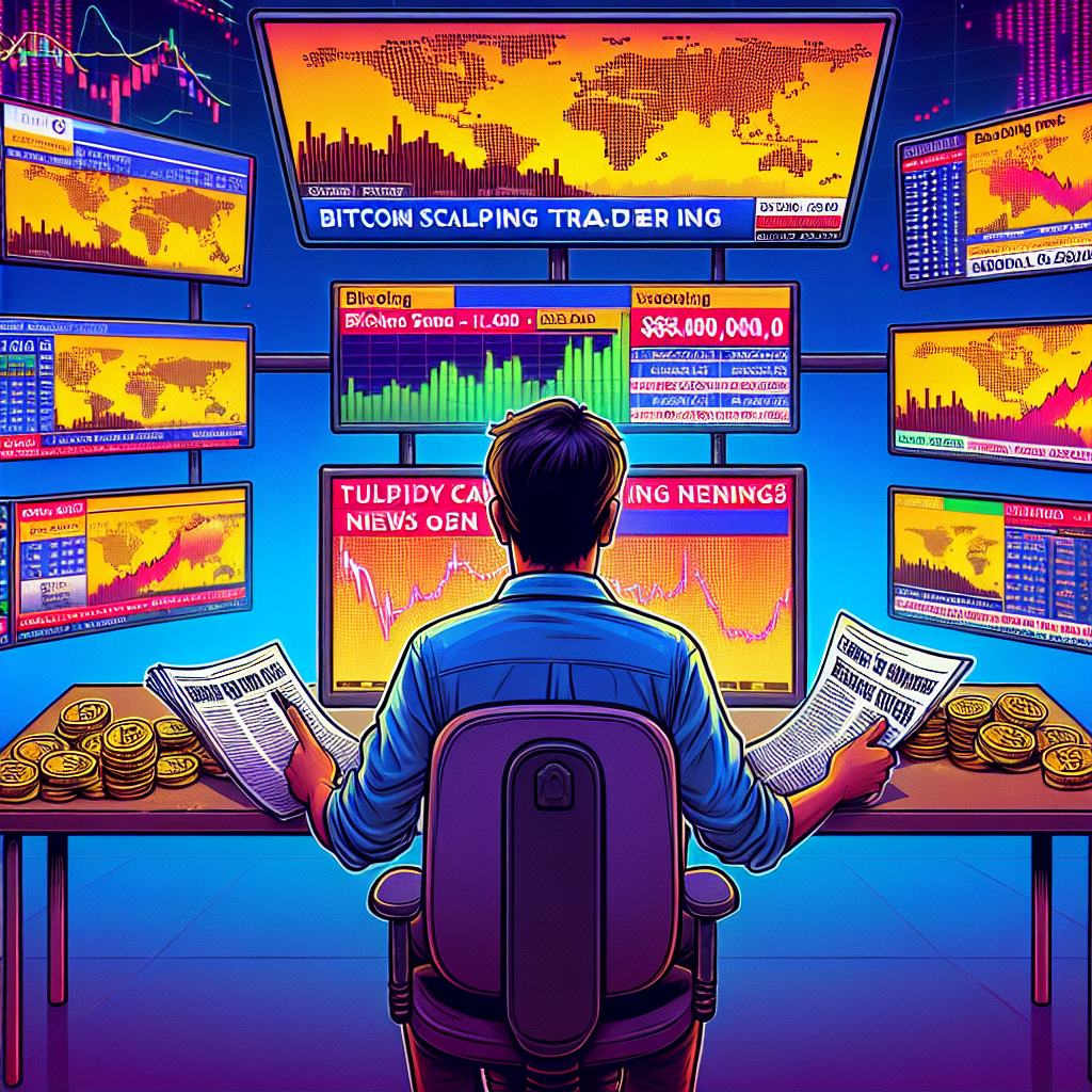 A vibrant, high-energy illustration depicting a Bitcoin scalping trader intensely analyzing news headlines on screens, surrounded by fluctuating cryptocurrency charts and dynamic graphs, with a backdrop of a bustling financial market.