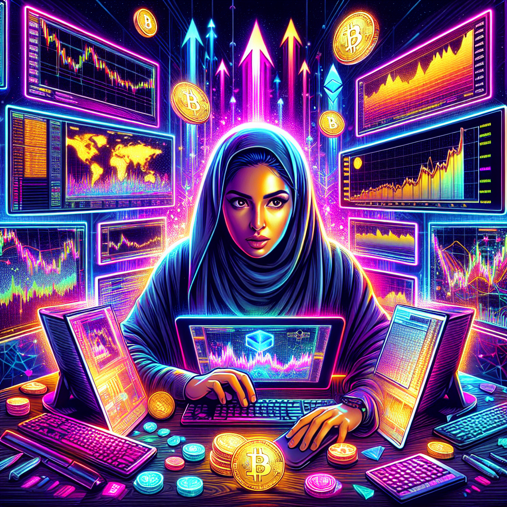 A dynamic and vibrant illustration depicting a crypto trader at multiple computer screens surrounded by charts, graphs, and digital currency symbols, symbolizing risk management strategies in crypto scalping.