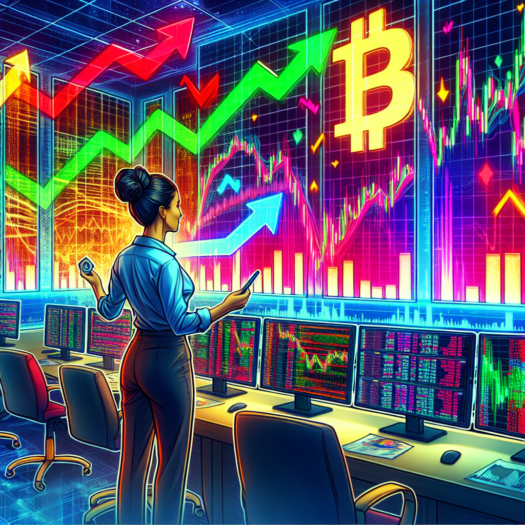 A vibrant and dynamic illustration depicting a trader analyzing Bitcoin price charts on multiple screens, surrounded by fluctuating graphs and emotive symbols representing volatility, with energetic colors and bold lines.